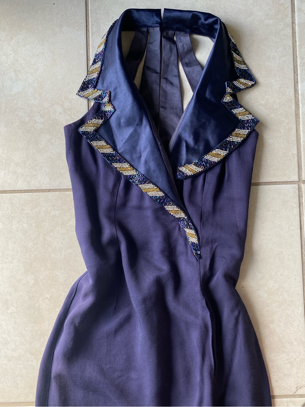 Vintage Y2K halter Navy Gown with Beaded Trim
